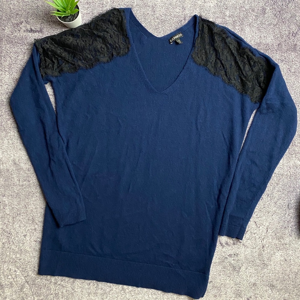 Express Navy Blue Tight Knit V-neck Sweater Medium
